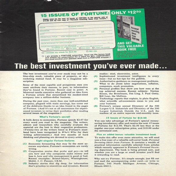 1967 Fortune Magazine 15 Issues The Best Investment Ever Vintage Print Ad/Poster - Picture 1 of 1